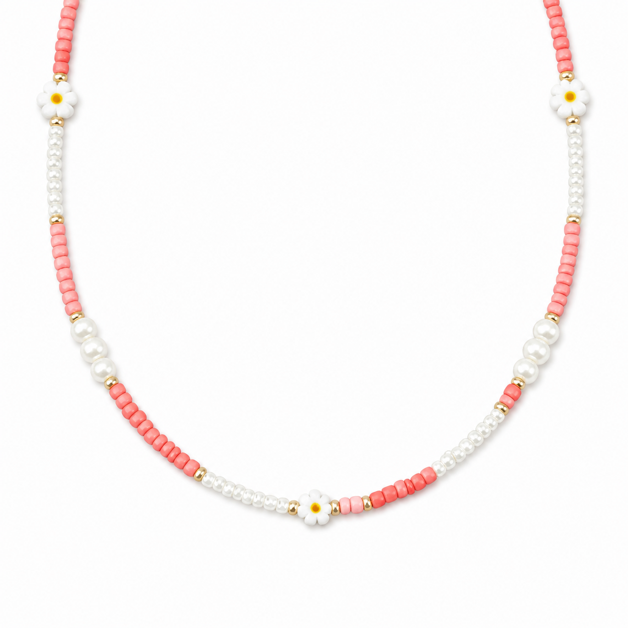 Collana con perline in vetro, perle e margherite in Murano