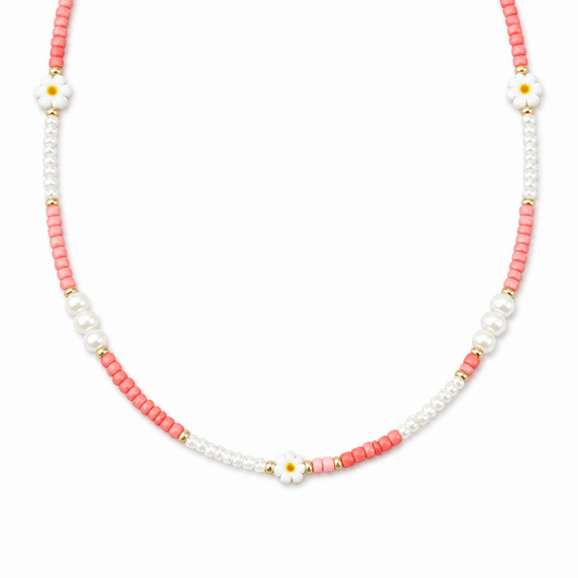Collana con perline in vetro, perle e margherite in Murano
