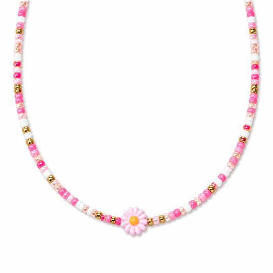 Collana con perline in vetro e margherita in madreperla