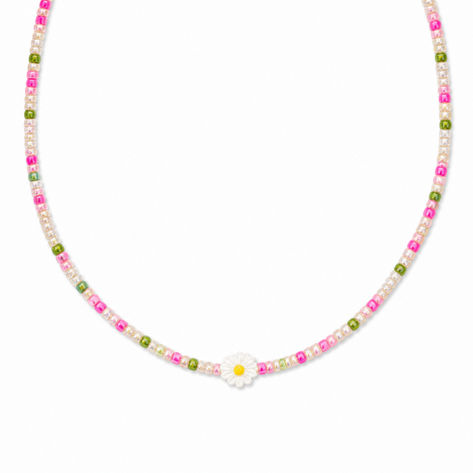 Collana con perline in vetro e margherita in madreperla