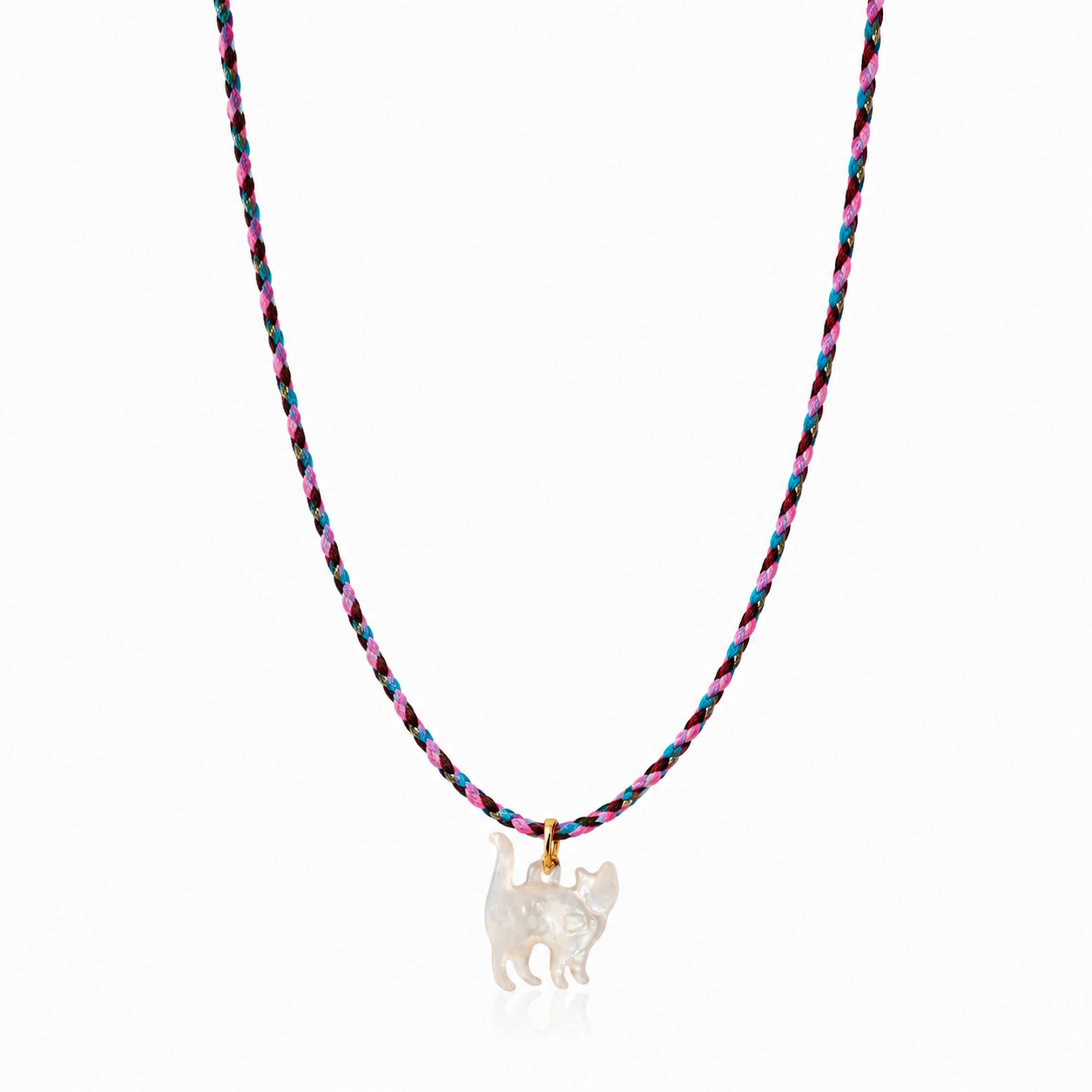 Collana con cordino in cotone e gatto in madreperla