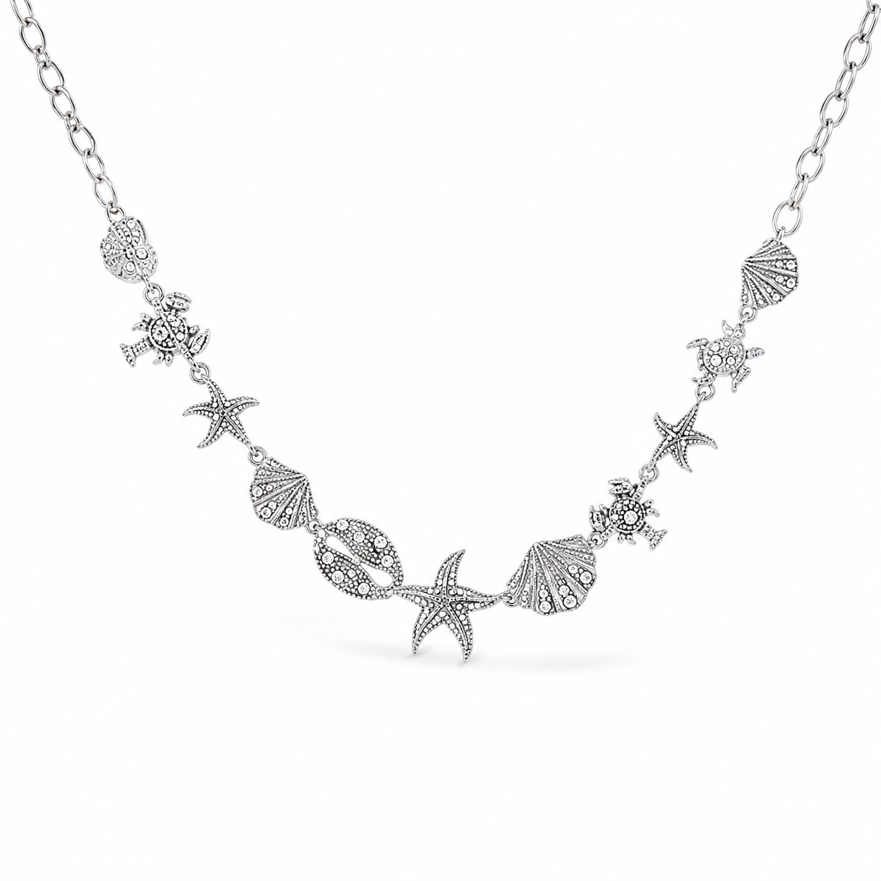 Collana in acciaio silver con soggetti marini con zirconi
