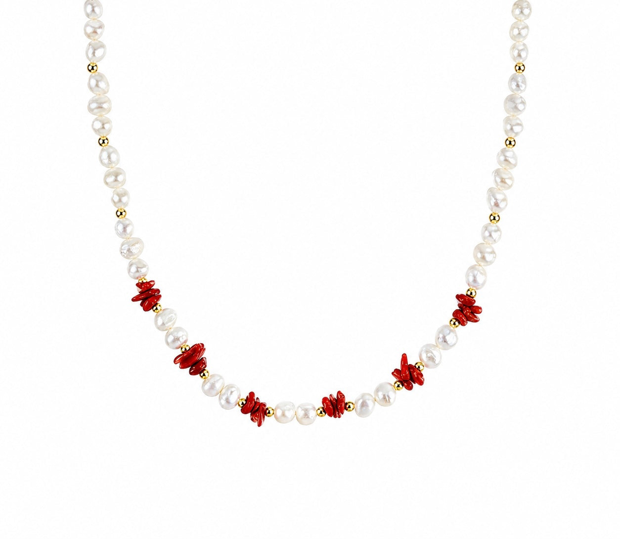 Collana con perle di fiume e chips di corallo rosso naturale