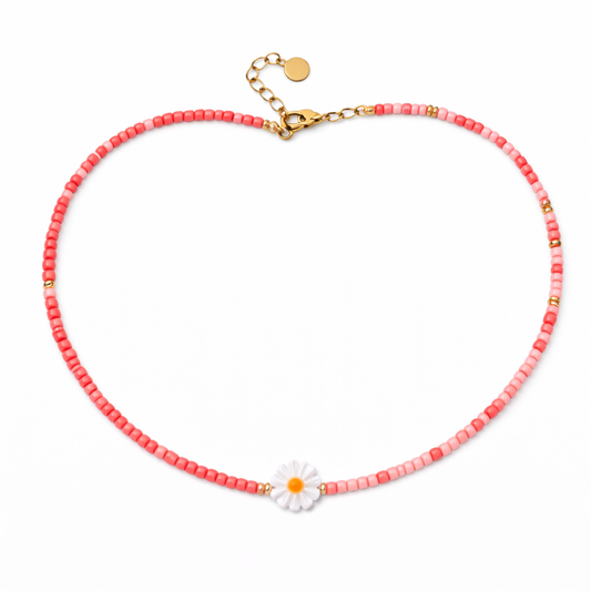 Collana con perline in vetro e margherita in madreperla