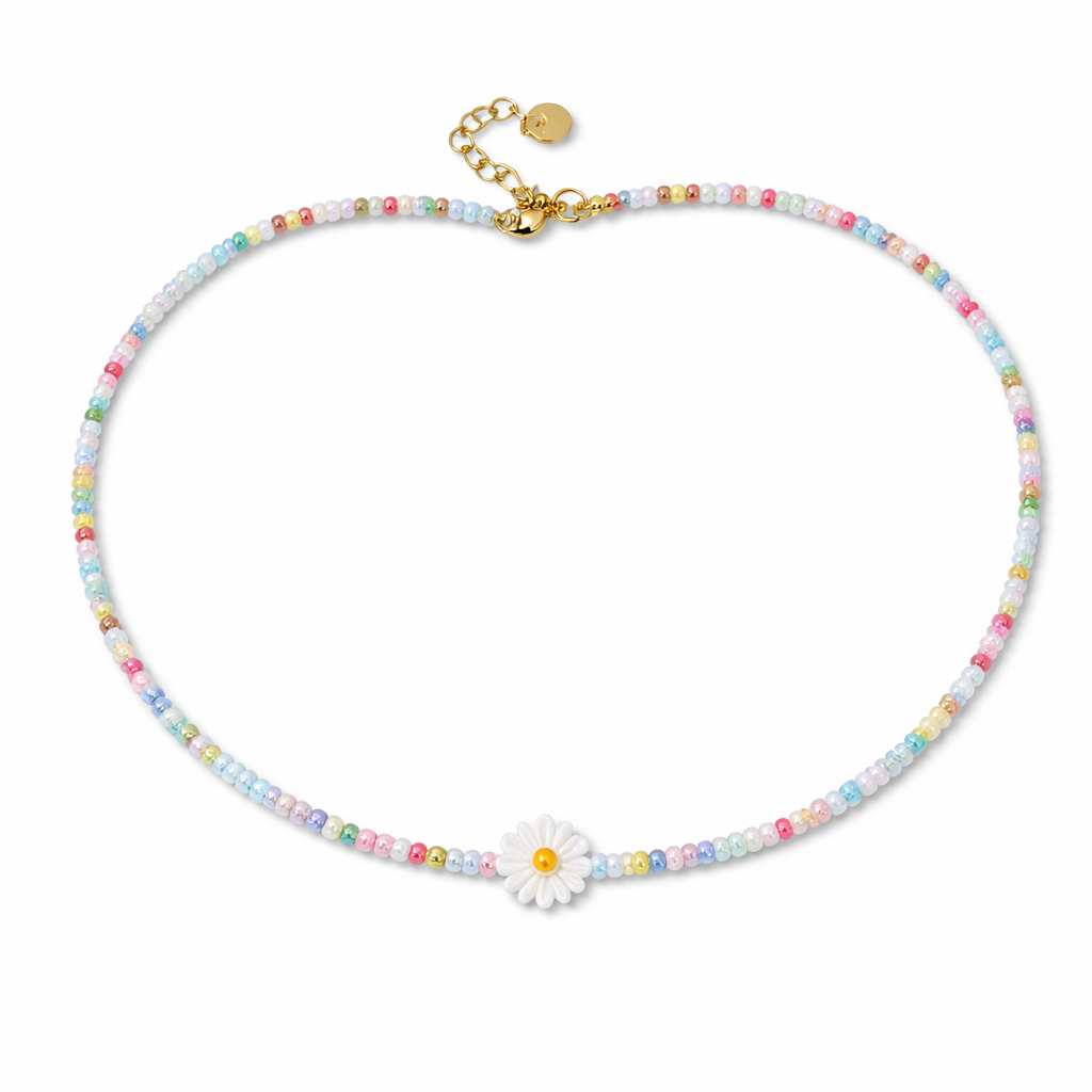 Collana con perline in vetro e margherita in madreperla
