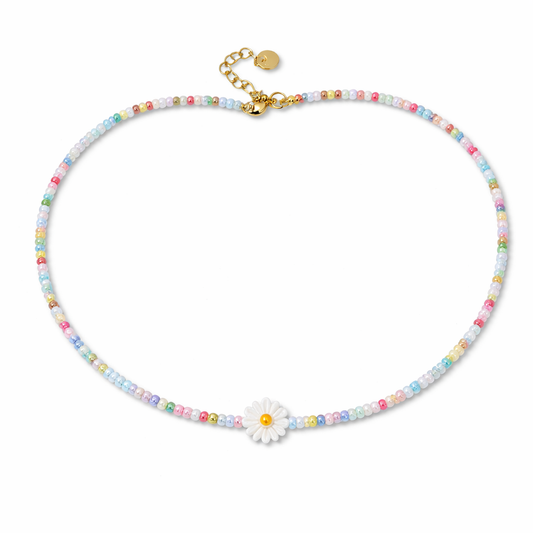 Collana con perline in vetro e margherita in madreperla