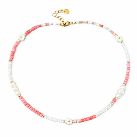 Collana con perline in vetro, perle e margherite in Murano