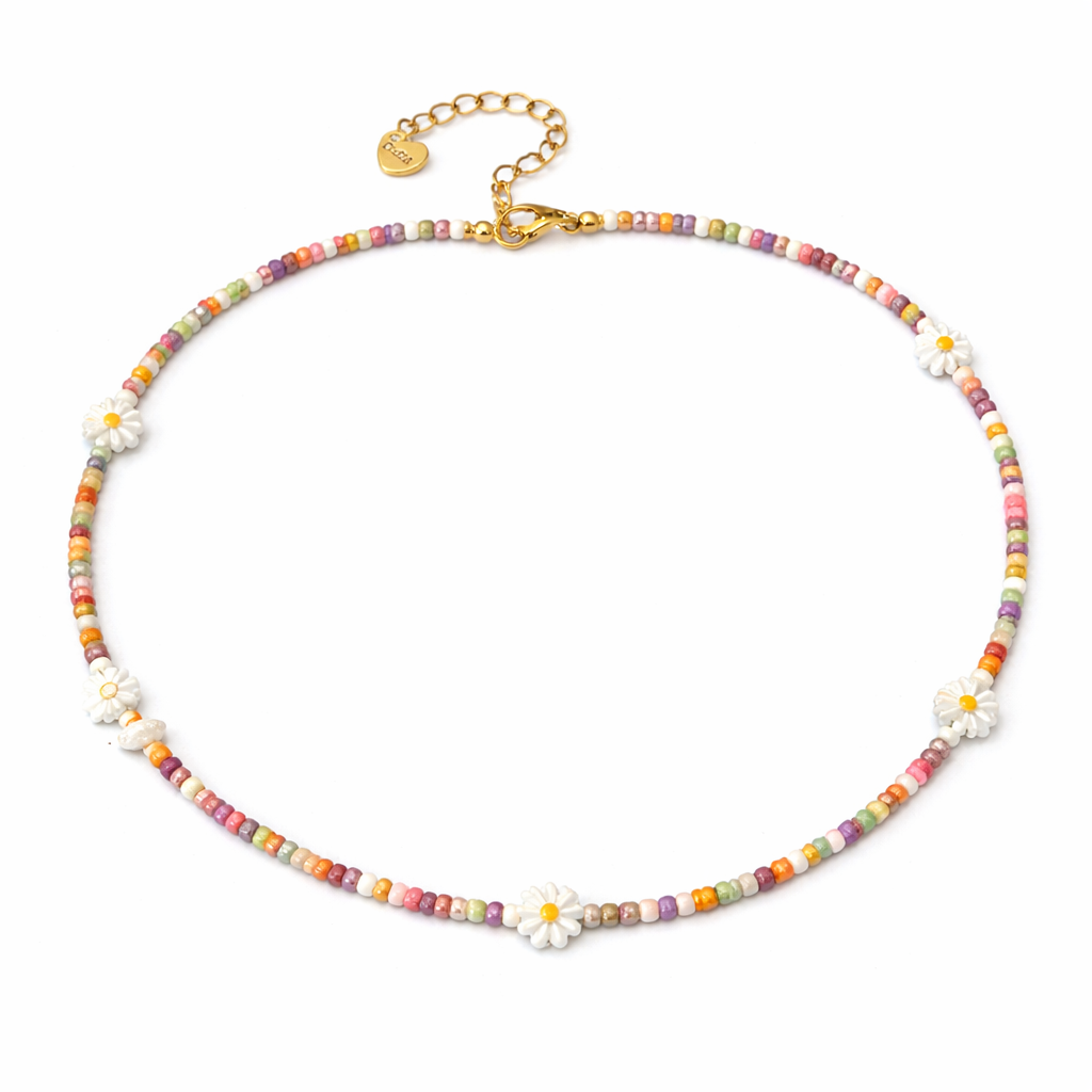 Collana con perline in vetro e margherite in madreperla