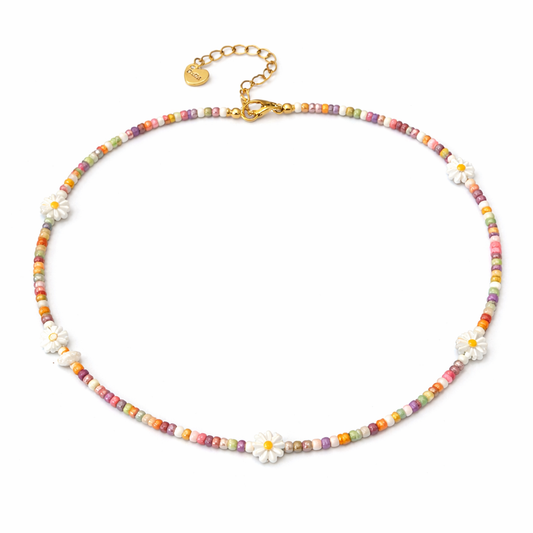 Collana con perline in vetro e margherite in madreperla