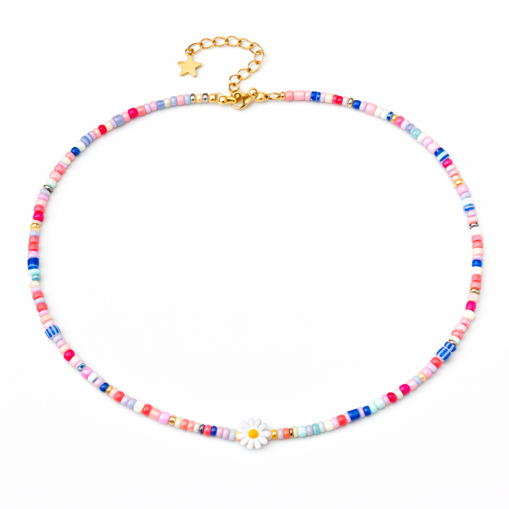 Collana con perline in vetro e margherita in madreperla