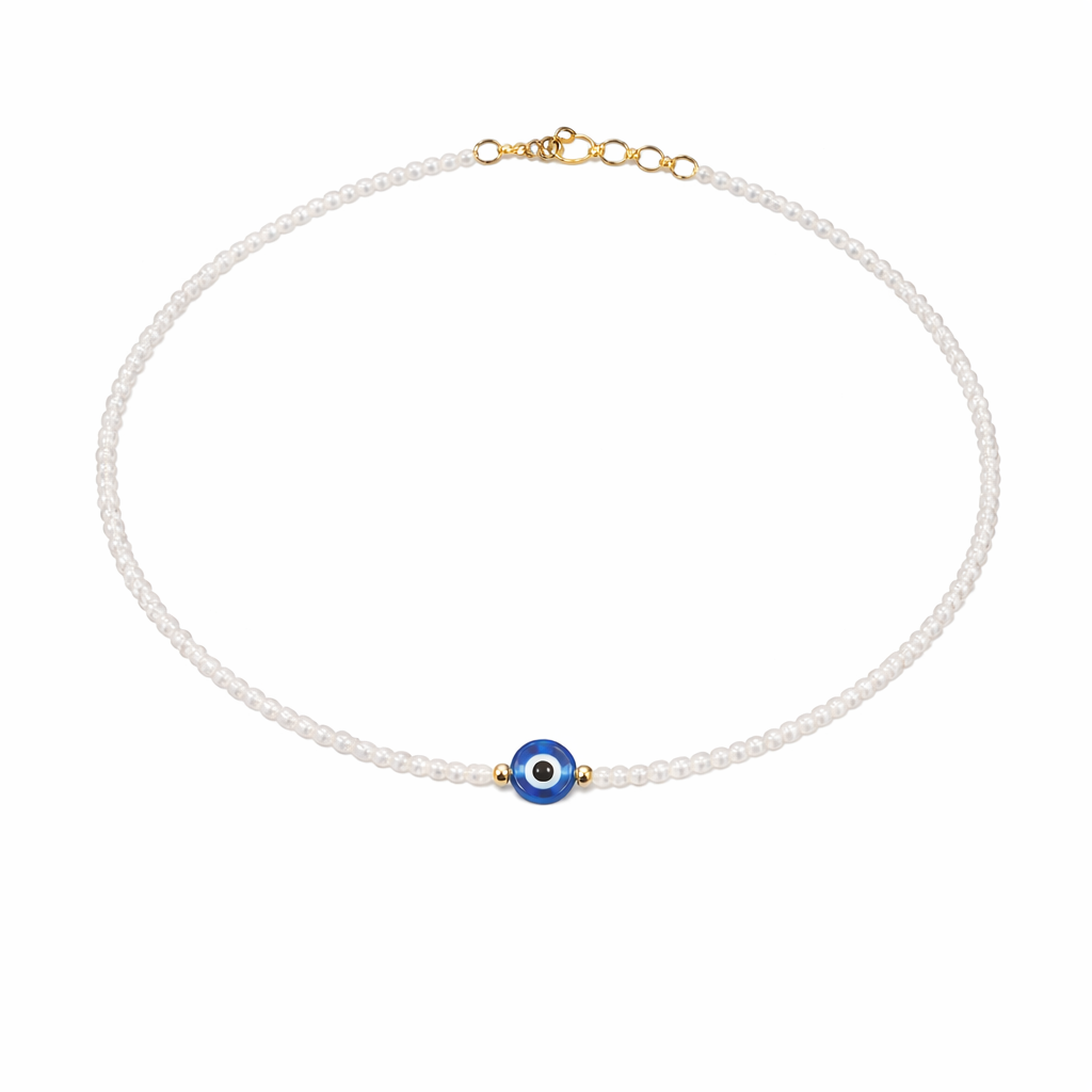 Collana con perline in vetro e occhio greco in resina