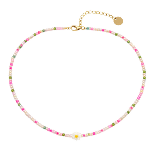 Collana con perline in vetro e margherita in madreperla