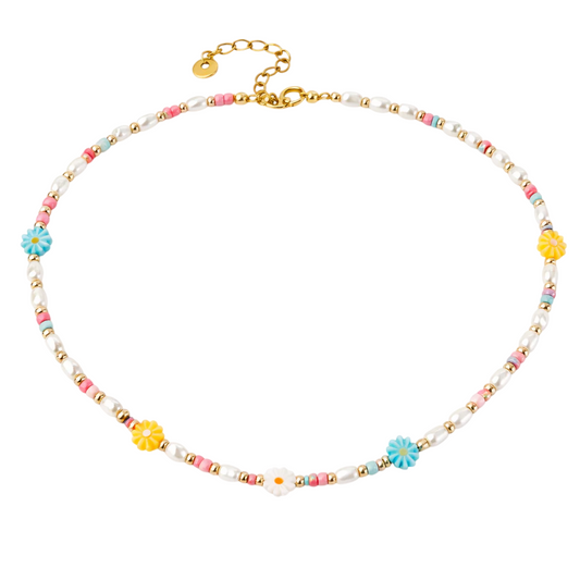 Collana con perline in vetro, perle di fiume e margherite in madreperla