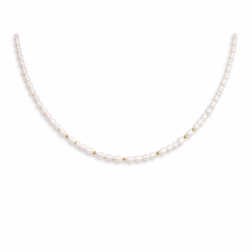 Collana con perle di fiume modello riso e perline in argento 925 dorato