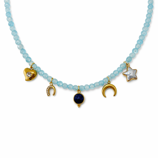 Collana multicharm in acquamarina con ciondoli e lapis