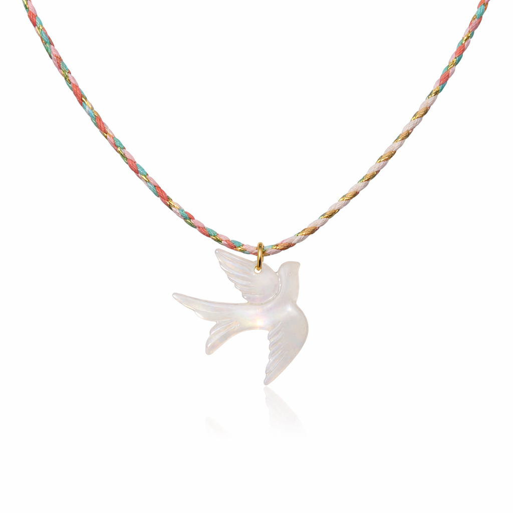 Collana con cordino in cotone e colomba in madreperla