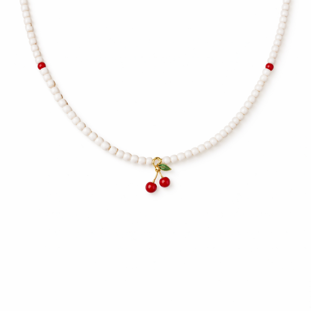 Collana con perline in vetro e ciliegie smaltate