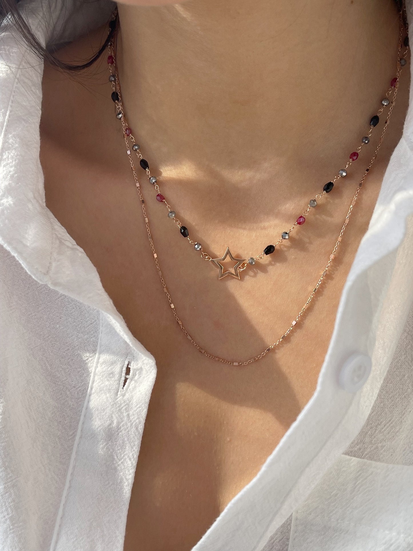 Collana rosario a doppio filo in argento 925 rosato con stella