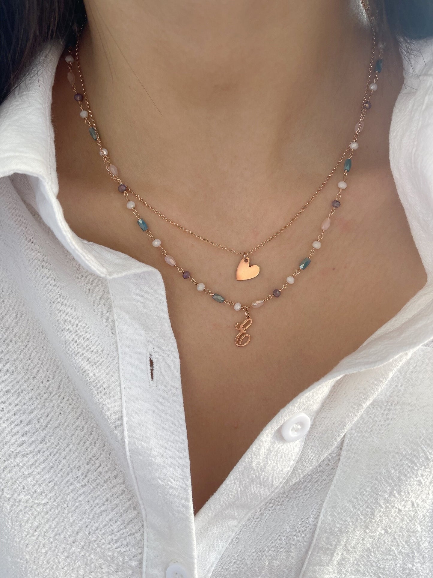 Collana rosario a doppio filo in argento 925 rosato con cuore e iniziale